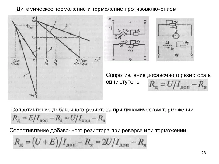 Динамическое торможение и торможение противовключением Сопротивление добавочного резистора в одну ступень