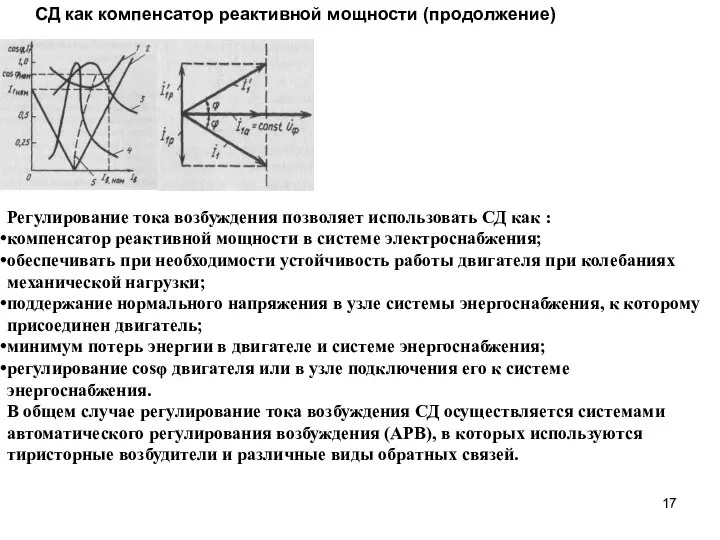 СД как компенсатор реактивной мощности (продолжение) Регулирование тока возбуждения позволяет использовать