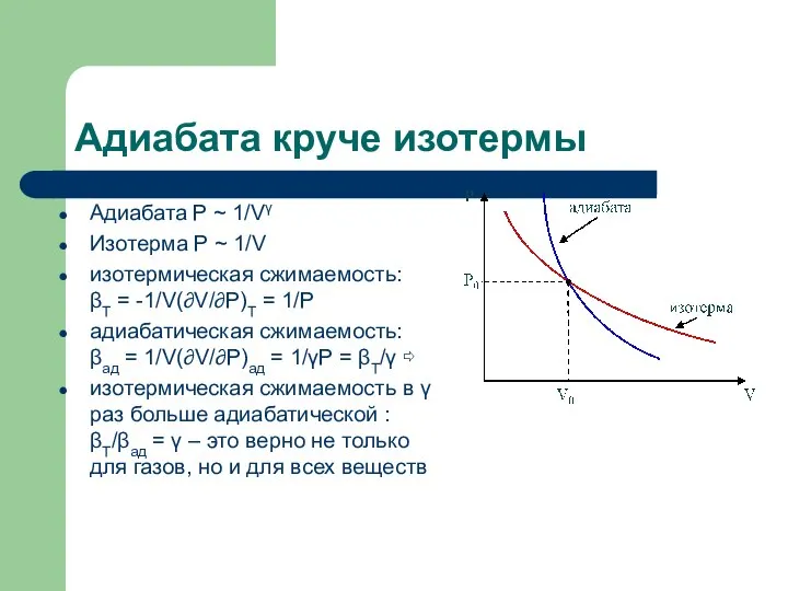 Адиабата круче изотермы Адиабата P ~ 1/Vγ Изотерма P ~ 1/V