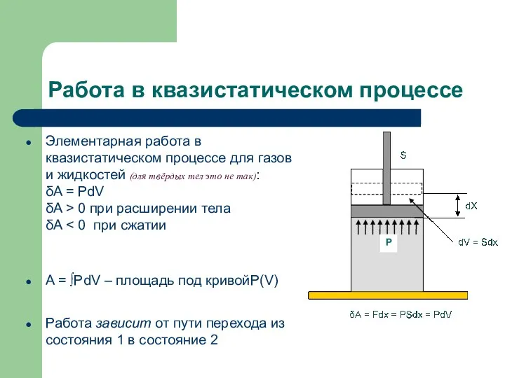 Работа в квазистатическом процессе Элементарная работа в квазистатическом процессе для газов