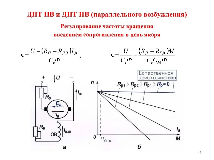 Регулирование частоты вращения введением сопротивления в цепь якоря ДПТ НВ и ДПТ ПВ (параллельного возбуждения)