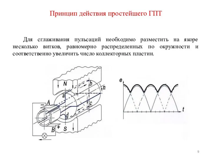 Для сглаживания пульсаций необходимо разместить на якоре несколько витков, равномерно распределенных