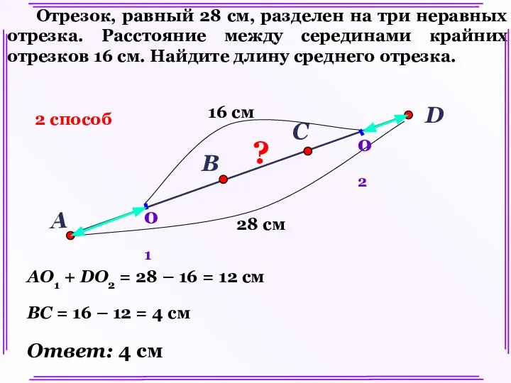 Отрезок, равный 28 см, разделен на три неравных отрезка. Расстояние между