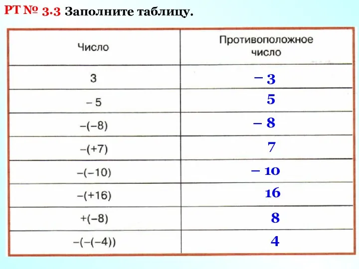 РТ № 3.3 Заполните таблицу. – 3 5 – 8 7 – 10 16 8 4