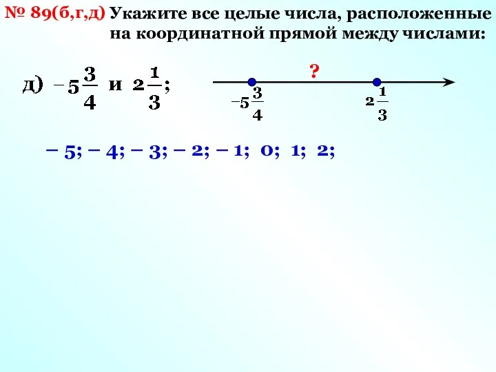 № 89(б,г,д) Укажите все целые числа, расположенные на координатной прямой между