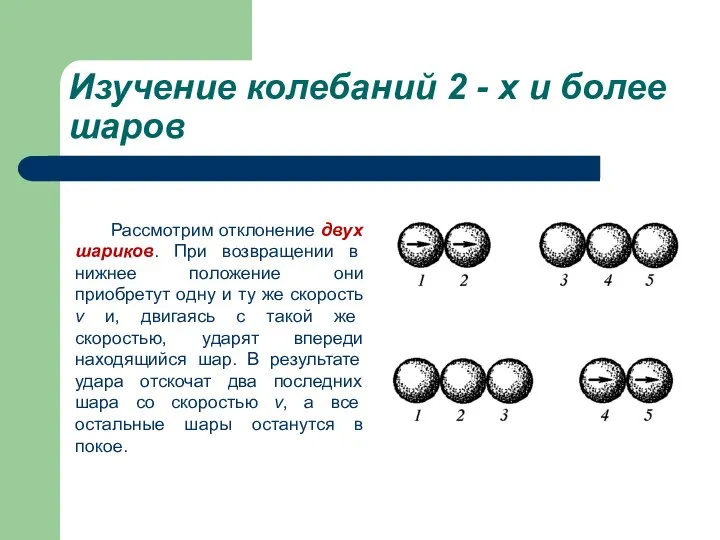 Изучение колебаний 2 - х и более шаров Рассмотрим отклонение двух