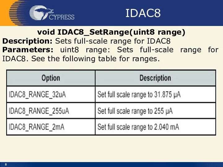 IDAC8 void IDAC8_SetRange(uint8 range) Description: Sets full-scale range for IDAC8 Parameters: