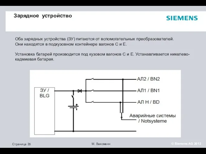 Зарядное устройство Оба зарядных устройства (ЗУ) питаются от вспомогательных преобразователей. Они