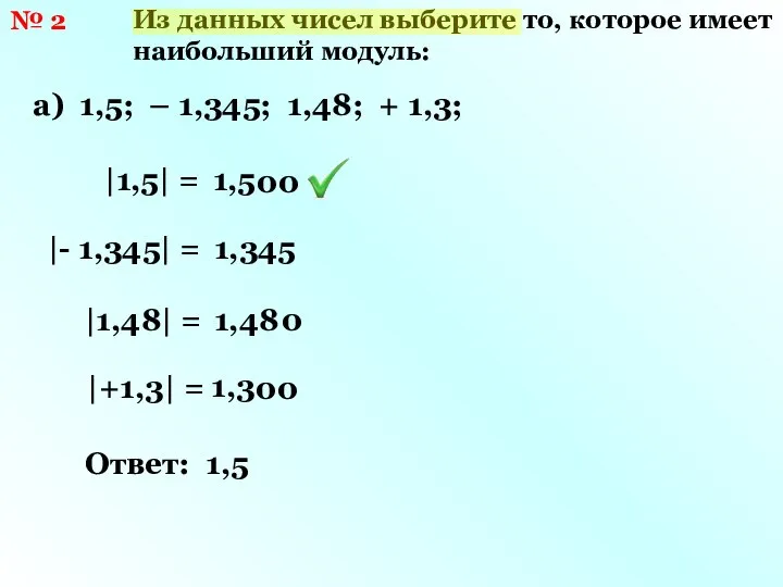 № 2 Из данных чисел выберите то, которое имеет наибольший модуль: