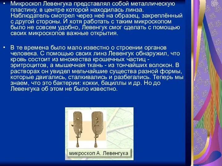 Микроскоп Левенгука представлял собой металлическую пластину, в центре которой находилась линза.