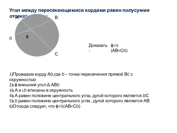 Угол между пересекающимися хордами равен полусумме отсекаемых дуг. ϕ А D