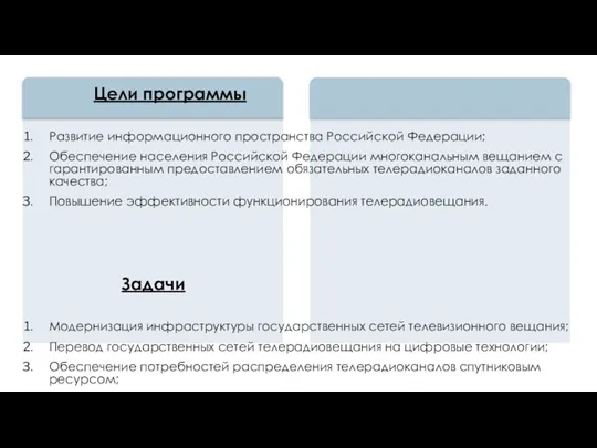 Цели программы Развитие информационного пространства Российской Федерации; Обеспечение населения Российской Федерации