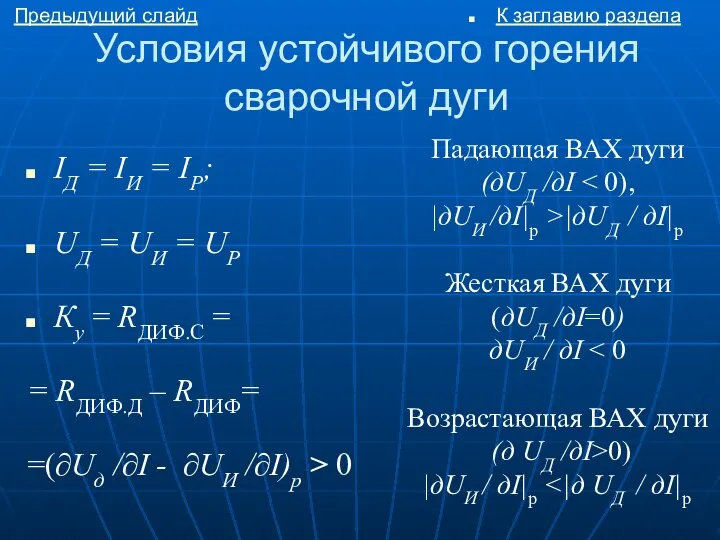 Условия устойчивого горения сварочной дуги IД = IИ = IР; UД