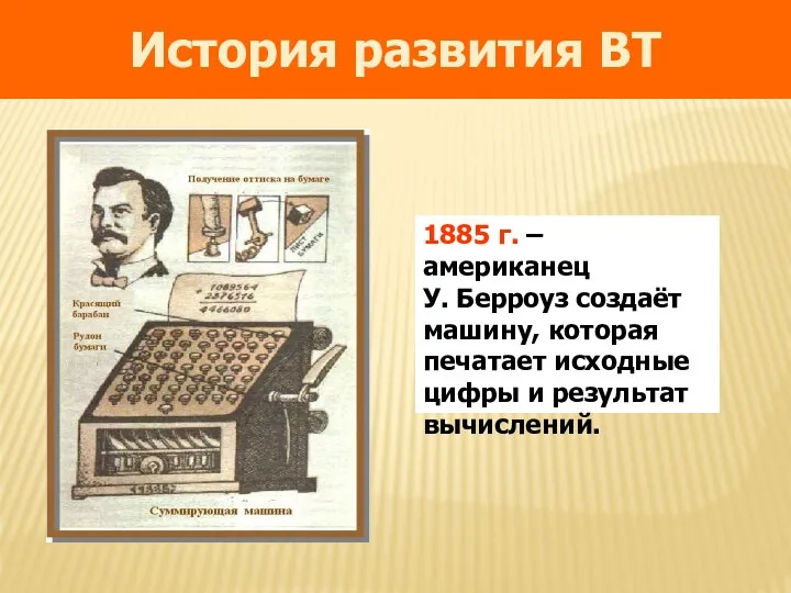 1885 г. – американец У. Берроуз создаёт машину, которая печатает исходные
