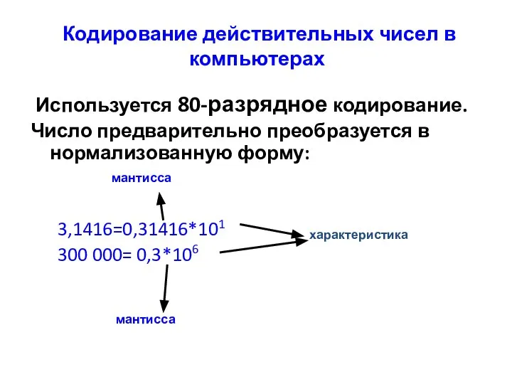 Кодирование действительных чисел в компьютерах Используется 80-разрядное кодирование. Число предварительно преобразуется