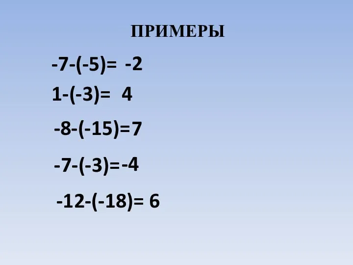 ПРИМЕРЫ -7-(-5)= -2 1-(-3)= 4 -8-(-15)= 7 -7-(-3)= -4 -12-(-18)= 6