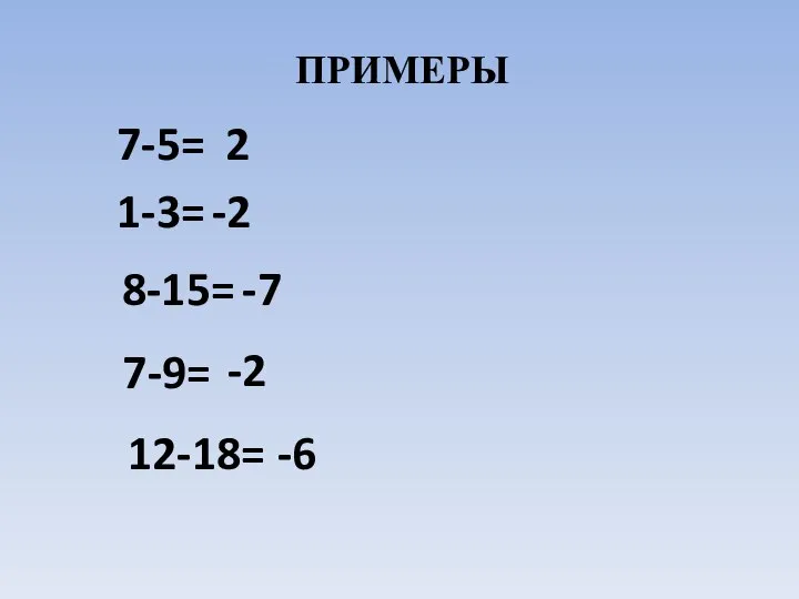 ПРИМЕРЫ 7-5= 2 1-3= -2 8-15= -7 7-9= -2 12-18= -6