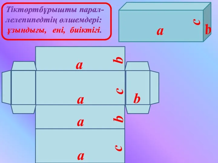 Тіктөртбұрышты парал-лелепипедтің өлшемдері: ұзындығы, ені, биіктігі. b c b a a