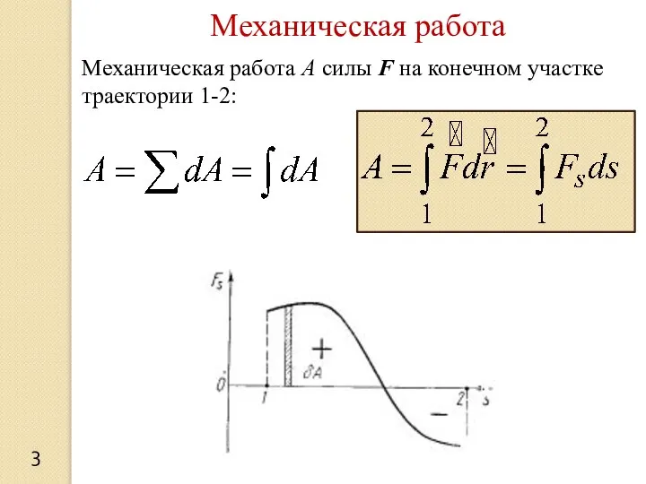 3 Механическая работа Механическая работа A силы F на конечном участке траектории 1-2: