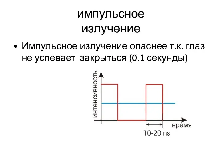 импульсное излучение Импульсное излучение опаснее т.к. глаз не успевает закрыться (0.1 секунды)