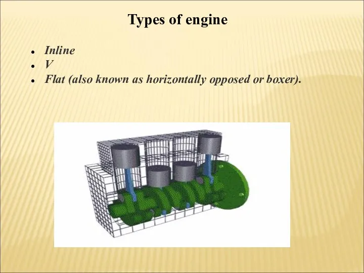 Types of engine Inline V Flat (also known as horizontally opposed or boxer).