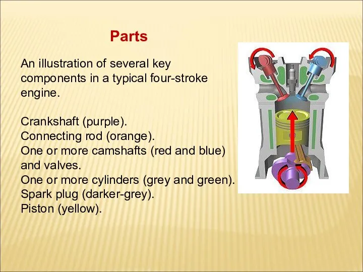Parts An illustration of several key components in a typical four-stroke