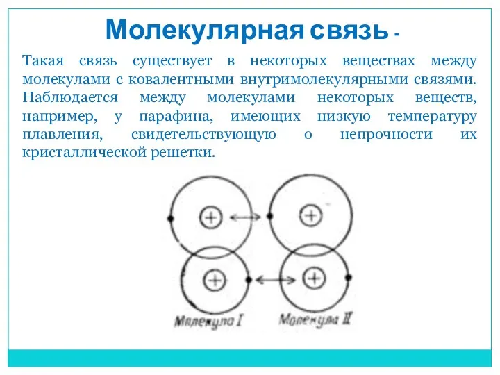 Молекулярная связь - Такая связь существует в некоторых веществах между молекулами