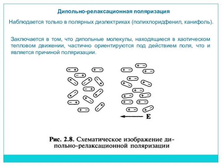 Дипольно-релаксационная поляризация Наблюдается только в полярных диэлектриках (полихлоридфенил, канифоль). Заключается в