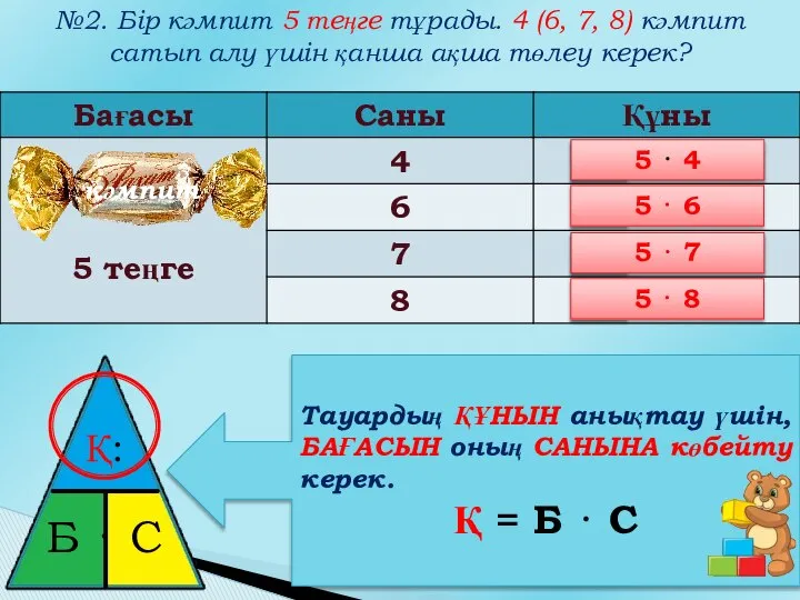 №2. Бір кәмпит 5 теңге тұрады. 4 (6, 7, 8) кәмпит