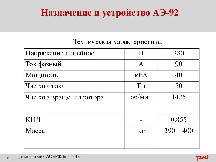 Назначение и устройство АЭ-92 | Преподаватели ОАО «РЖД» | 2018 Техническая характеристика: