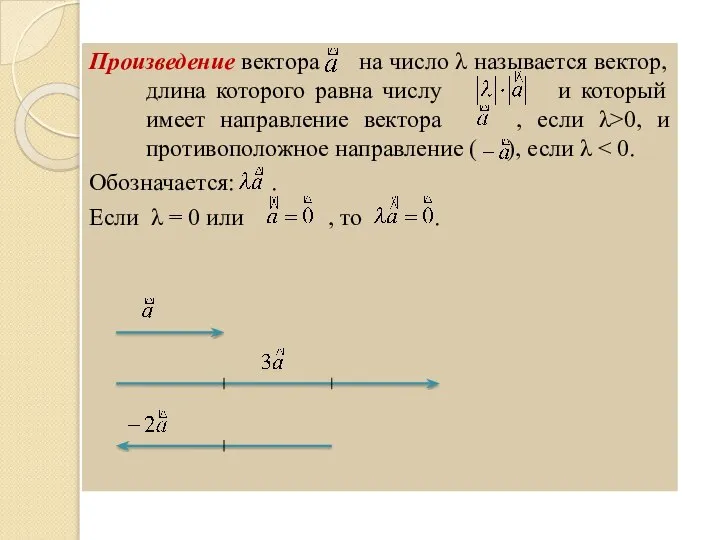 Произведение вектора на число λ называется вектор, длина которого равна числу