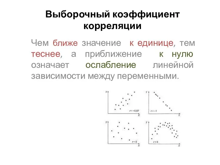 Выборочный коэффициент корреляции Чем ближе значение к единице, тем теснее, а