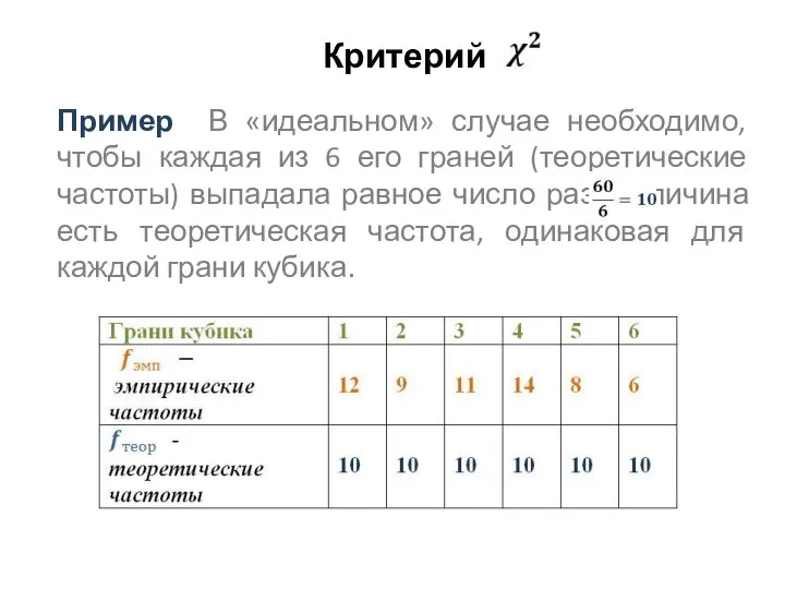 Критерий Пример В «идеальном» случае необходимо, чтобы каждая из 6 его