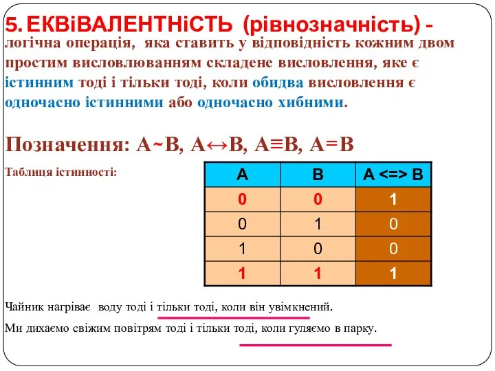 5. ЕКВіВАЛЕНТНіСТЬ (рівнозначність) - Чайник нагріває воду тоді і тільки тоді,