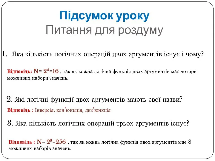 Підсумок уроку Питання для роздуму 3. Яка кількість логічних операцій трьох