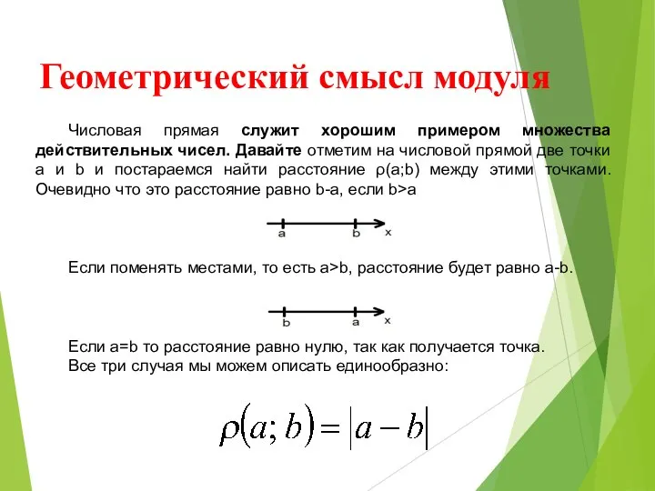 Геометрический смысл модуля Числовая прямая служит хорошим примером множества действительных чисел.