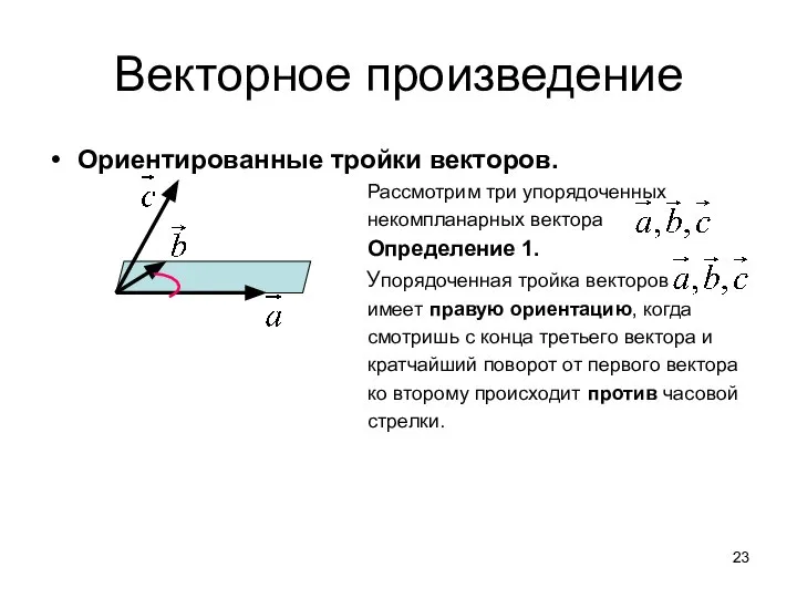 Векторное произведение Ориентированные тройки векторов. Рассмотрим три упорядоченных некомпланарных вектора Определение