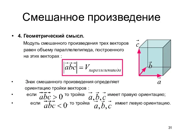 Смешанное произведение 4. Геометрический смысл. Модуль смешанного произведения трех векторов равен