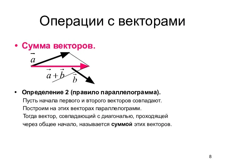 Операции с векторами Сумма векторов. Определение 2 (правило параллелограмма). Пусть начала