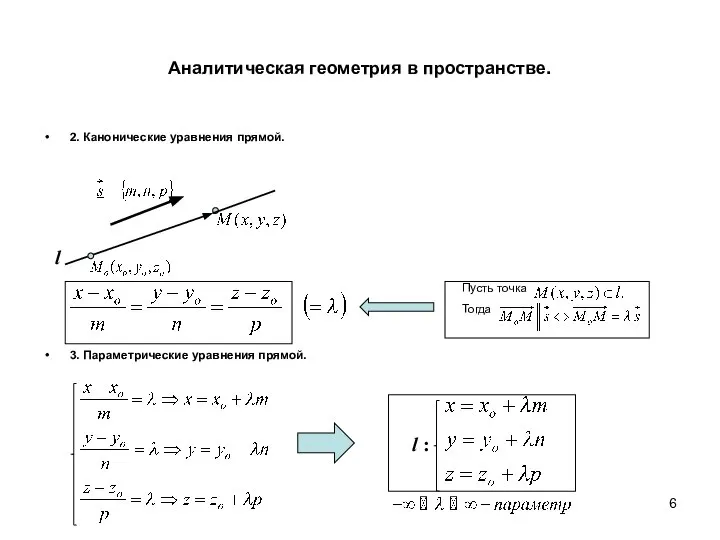 Аналитическая геометрия в пространстве. 2. Канонические уравнения прямой. 3. Параметрические уравнения