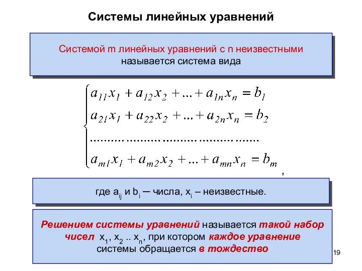 Системы линейных уравнений Системой m линейных уравнений с n неизвестными называется