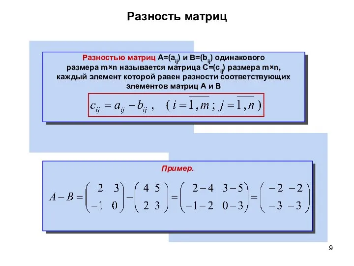 Разность матриц Пример. Разностью матриц A=(aij) и B=(bij) одинакового размера m×n