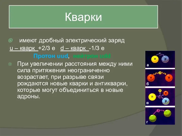 Кварки имеют дробный электрический заряд u – кварк +2/3 е d