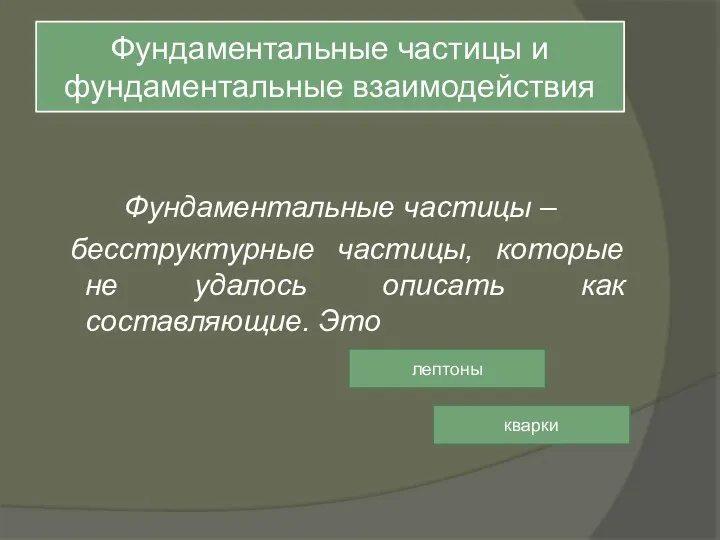 Фундаментальные частицы и фундаментальные взаимодействия Фундаментальные частицы – бесструктурные частицы, которые