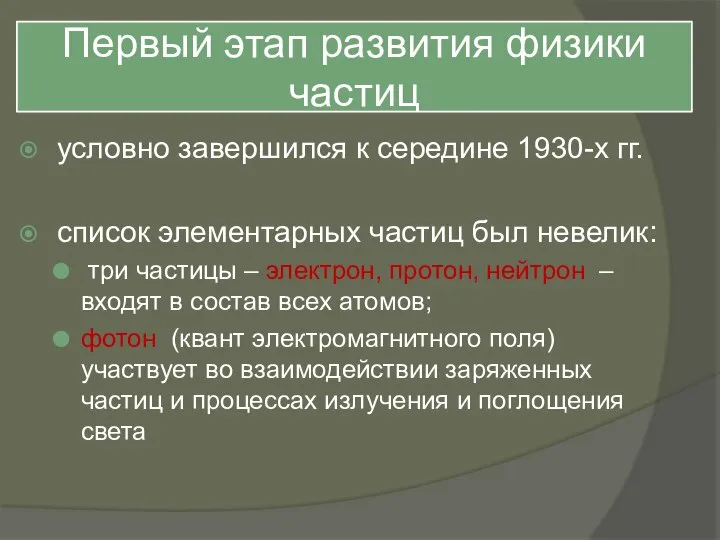 Первый этап развития физики частиц условно завершился к середине 1930-х гг.