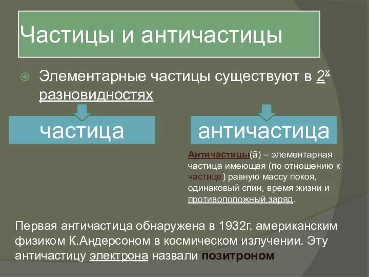 Частицы и античастицы Элементарные частицы существуют в 2х разновидностях частица античастица