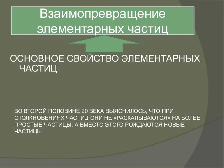 Взаимопревращение элементарных частиц ОСНОВНОЕ СВОЙСТВО ЭЛЕМЕНТАРНЫХ ЧАСТИЦ ВО ВТОРОЙ ПОЛОВИНЕ 20