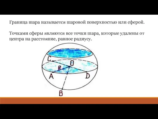 Граница шара называется шаровой поверхностью или сферой. Точками сферы являются все