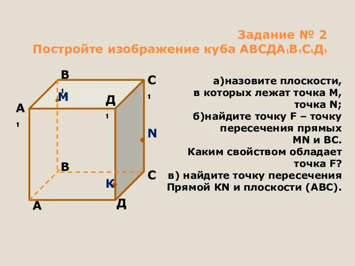 Задание № 2 Постройте изображение куба АВСДА₁В₁С₁Д₁ а)назовите плоскости, в которых