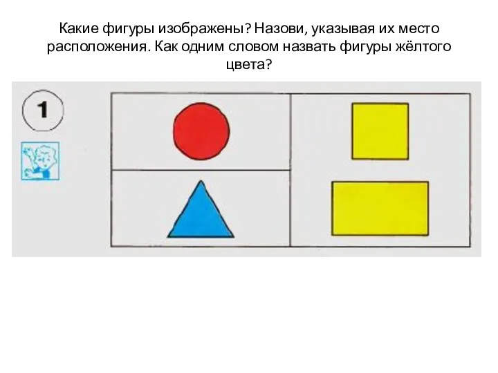 Какие фигуры изображены? Назови, указывая их место расположения. Как одним словом назвать фигуры жёлтого цвета?